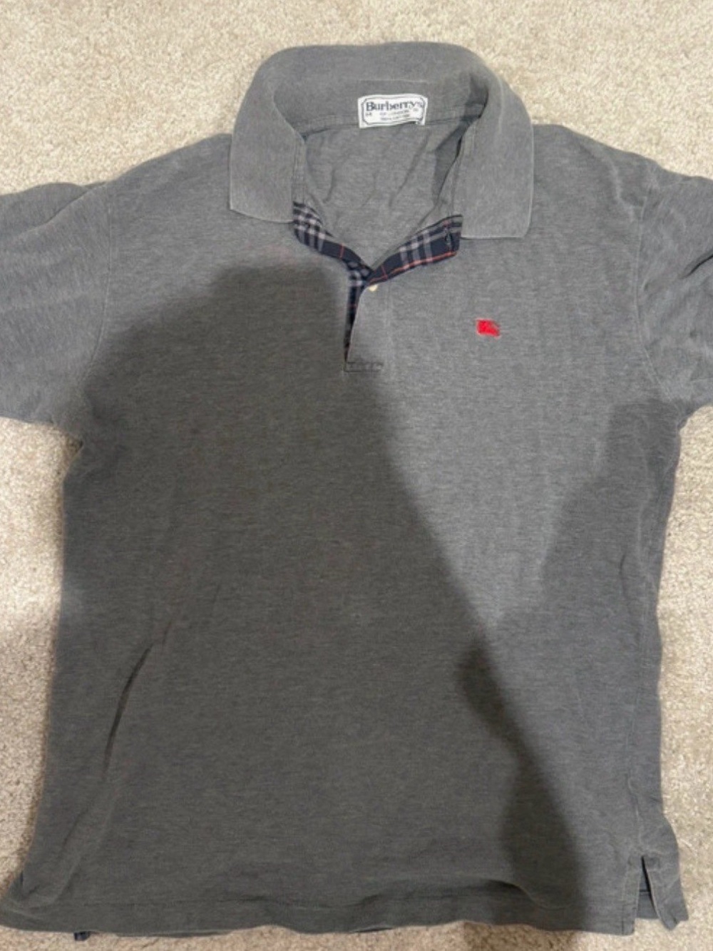 Burberry Men’s Charcoal Polo with Red Logo and Plaid Trim